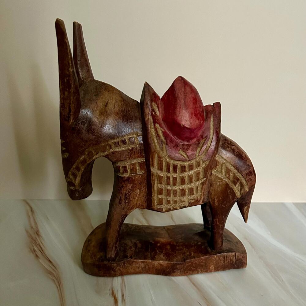Hand-Carved Wooden Donkey Figurine with Red Saddle
